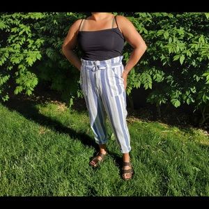 Striped paper bag waistline cotton/linen pants